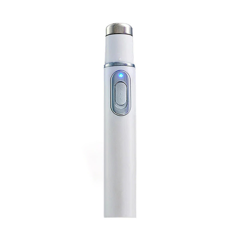 ClearifySkin KD-7910 Blue Light Acne Treatment pen with activated blue LED light - sleek white design with stainless steel accents and easy-to-use control button