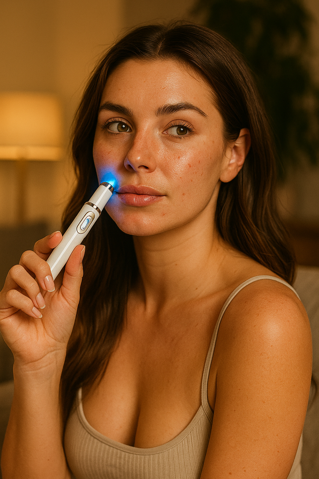 Person using ClearifySkin LED therapy device on face to treat acne, with visible blue light targeting skin imperfections