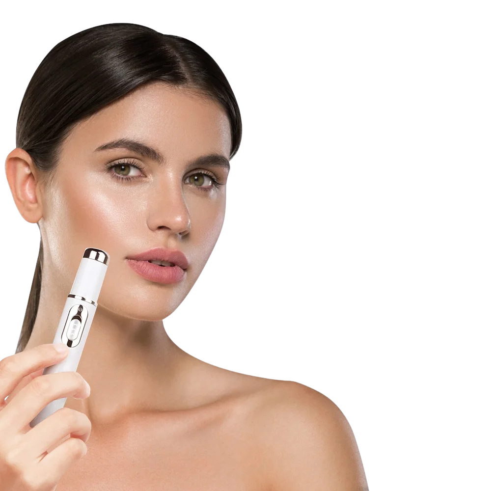 Young woman holding ClearifySkin blue LED acne treatment device - handheld light therapy solution