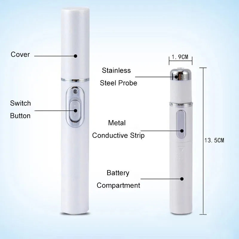 Detailed diagram of ClearifySkin KD-7910 Blue Light Acne Treatment device showing all components: cover, stainless steel probe, switch button, metal conductive strip, and battery compartment with 13.5cm length