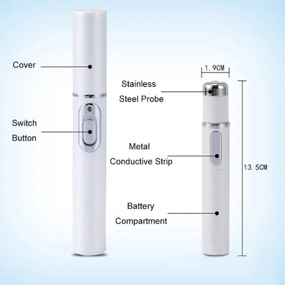 Detailed diagram of ClearifySkin KD-7910 Blue Light Acne Treatment device showing all components: cover, stainless steel probe, switch button, metal conductive strip, and battery compartment with 13.5cm length