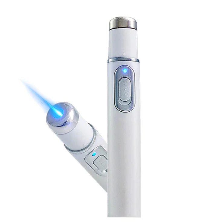 ClearifySkin Blue Light Acne Pen Treatment device in action with illuminated blue LED light - portable handheld acne therapy tool with activated treatment mode