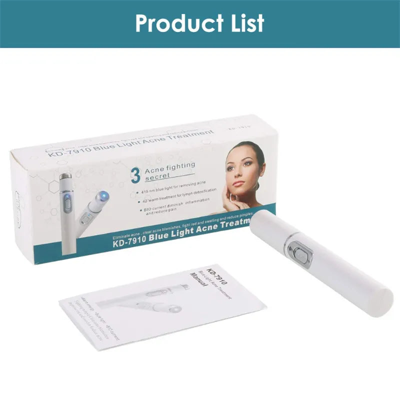 KD-7910 ClearifySkin Blue Light Acne Treatment device with packaging box showing 3 acne fighting secrets and instruction manual - complete at-home acne therapy kit